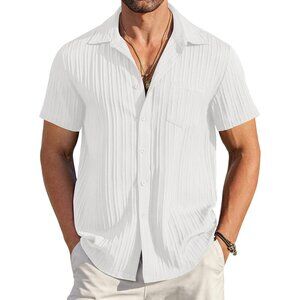 Men's White Short Sleeve Knit Shirt Casual Button Down Shirt Vintage Beach Tops